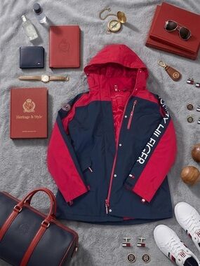 Tommy Hilfiger Women 3-in-1 All Weather System Jacket Removable Hood Red&Navy S